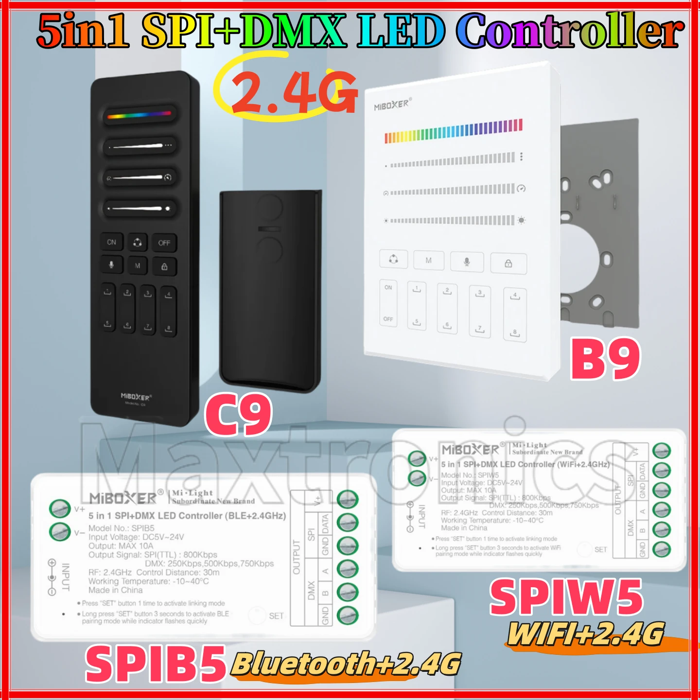 

5in1 SPI+DMX LED Controller Wifi/BT Panel Remote for WS2811 WS2812B 5V-24V SingleColor CCT RGB RGBW RGBCCT Pixel LED Strip Light