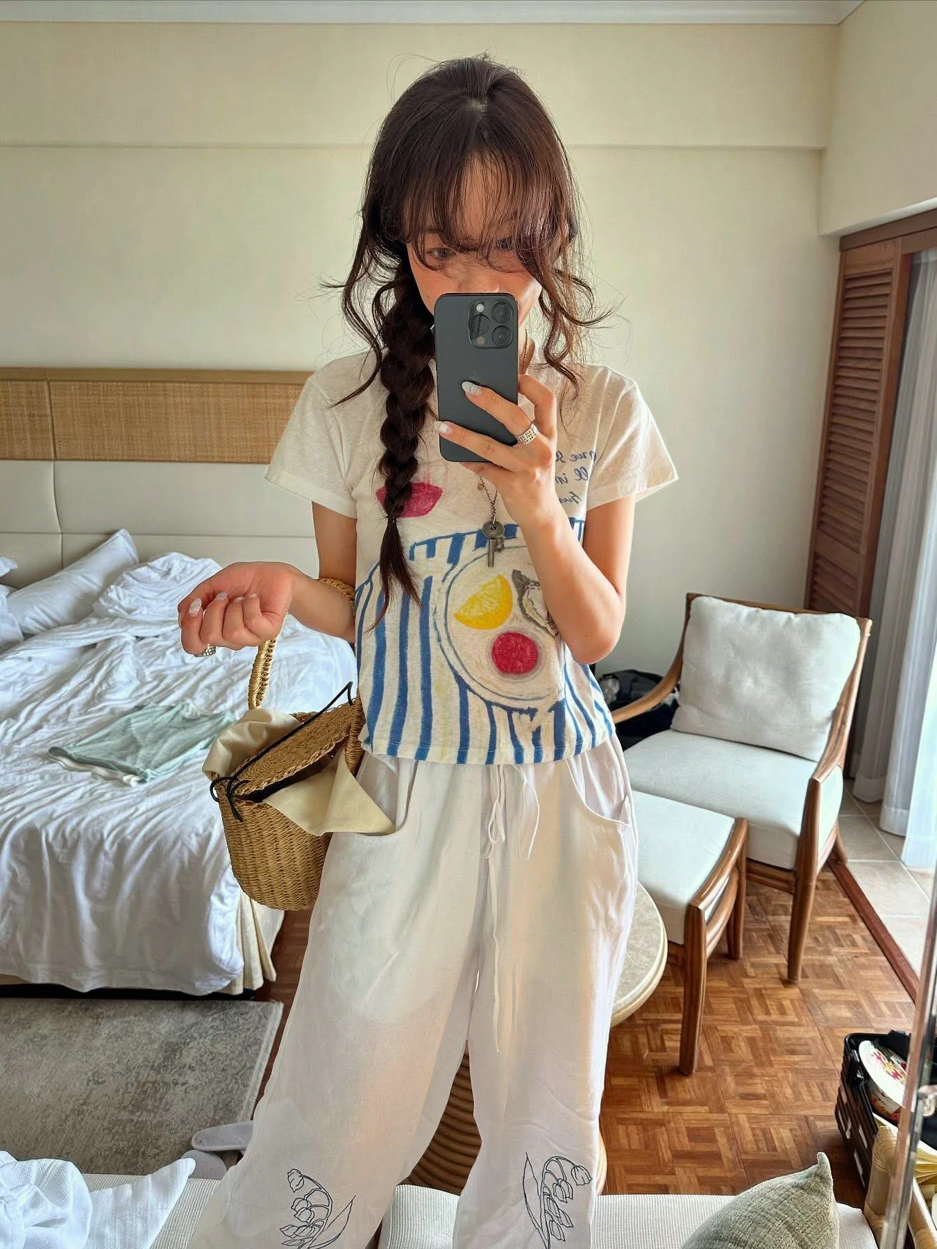 Sweet Hand-Drawn Illustration Print Short-Sleeve T-Shirt Women's Slim Fit Summer Korean Style See-Through White Slimming Top