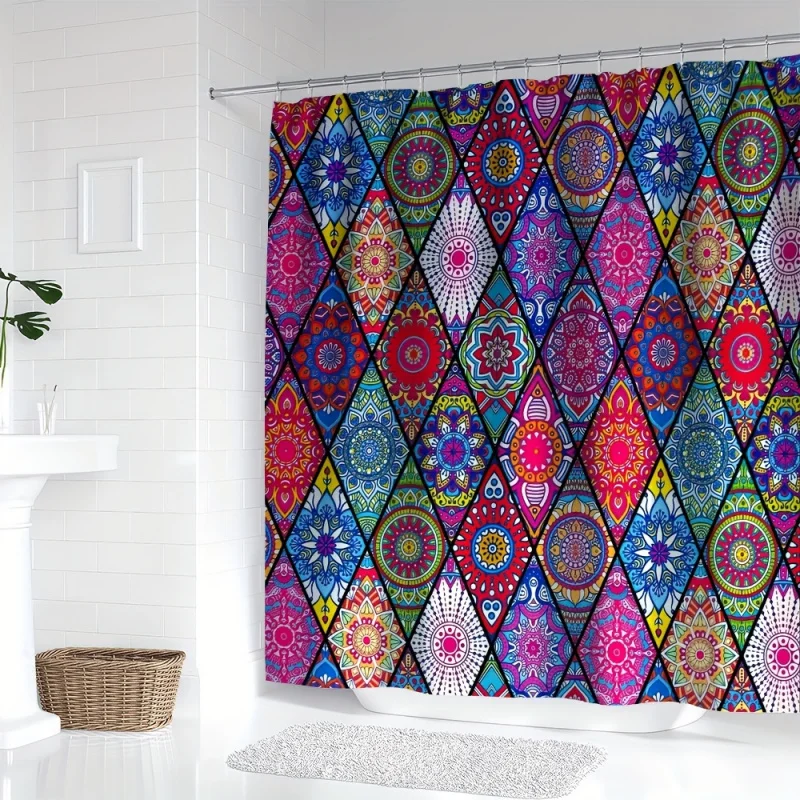 Bohemian Colorful Diamond & Floral Pattern Digital Print Shower Curtain - YWJHUI Water-resistant Polyester Bath Curtain with Hoo