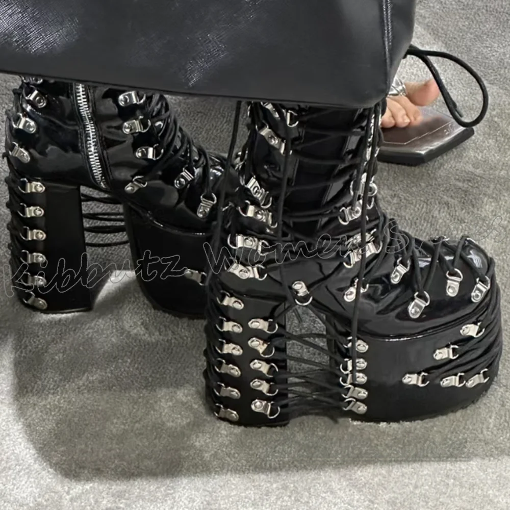 

Cross Strap Lace-Up Ankle Boots Platform Solid Color Fashion Elegant Concise Sexy Luxury Round Toe Chunky Heels Women Shoes New