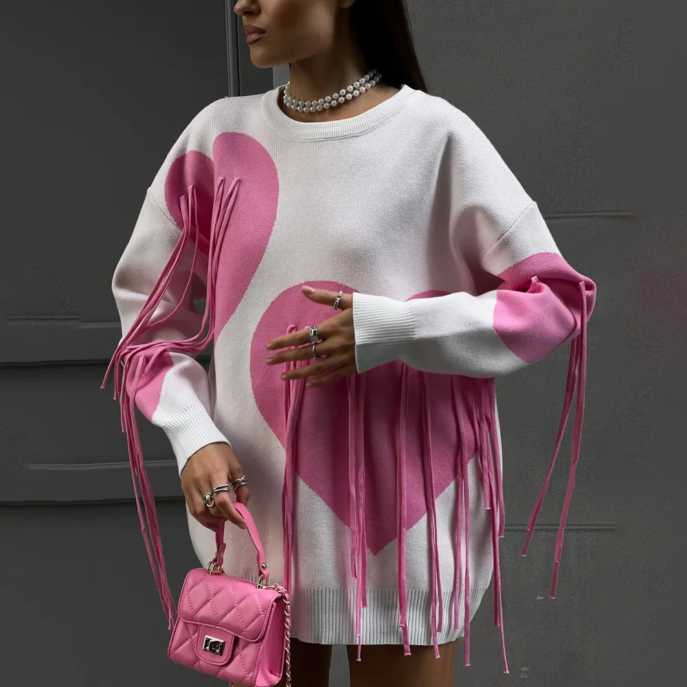 

Round Neck Heart Tassel Fringe Colorful Knitted Top, European Street Style Pullover Sweater