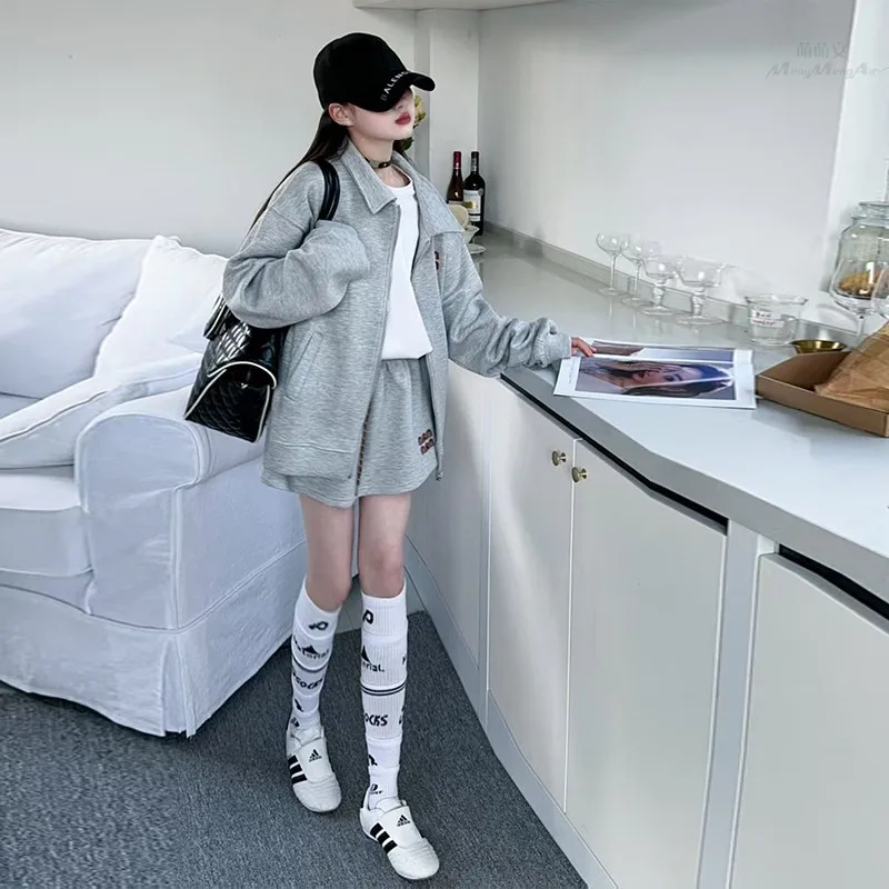 مجموعة ملابس الخريف للفتيات لعام 2025 سترة بقلنسوة رمادية للمراهقين سترة علوية وفستان تنورة صغيرة بطيات 4 5 10 11 12 14 سنة #5