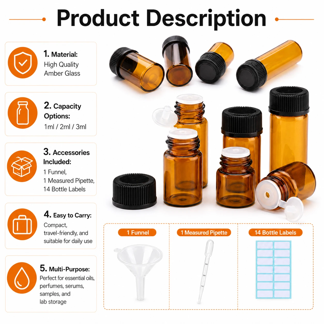 10/20Pcs Amber Glass Dropper Bottle Set, Black Screw Caps Pipette Funnel Labels Refillable Empty Mini Storage Vials