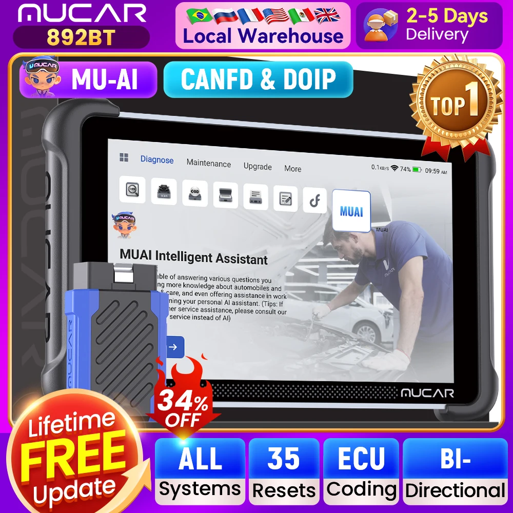 

Автомобильный инструмент MUCAR 892BT AI Assist, двунаправленный сканер Obd2, кодирование ЭБУ, автомобильный диагностический инструмент CANFD DOIP 35, полная система сброса