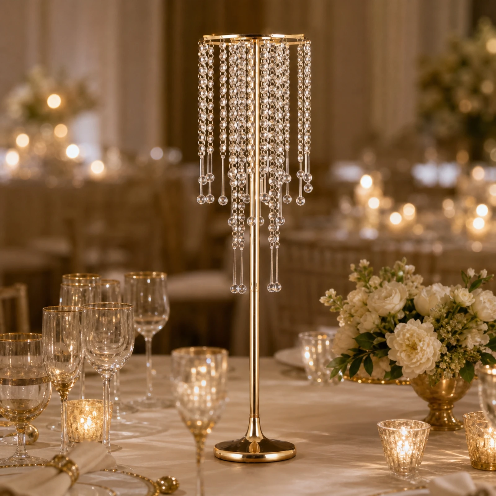 Iron Flower Stand with Crystal Bead Strands Floor Standing European-Style Metal Flower Stand Metal Floral Display Rack Slim