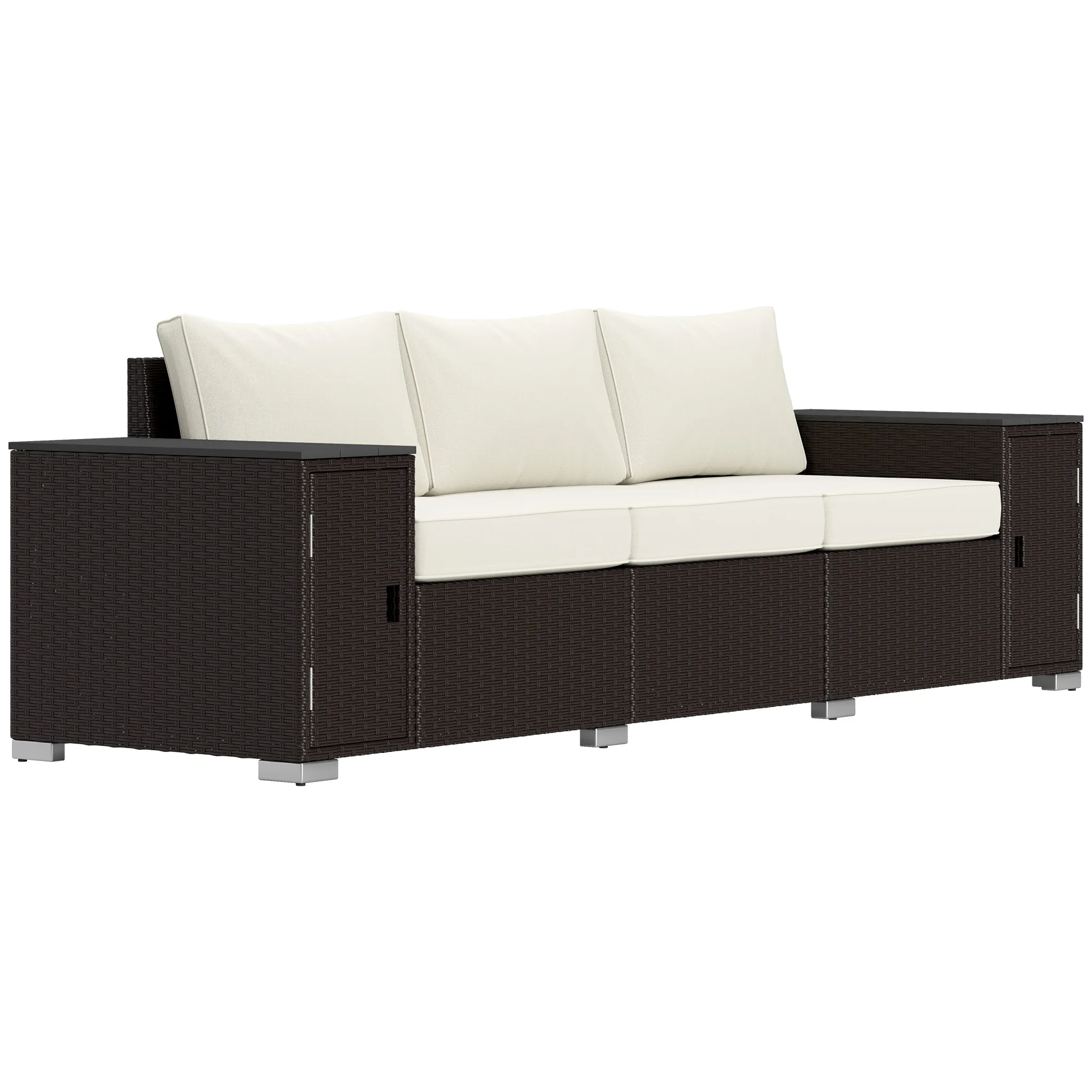 Wicker Outdoor Couch with Storage, Thickened Cushions, 3 Seater Patio Sofa with Wide Armrests and Seat for Porch, Garden, Yard, Cream White