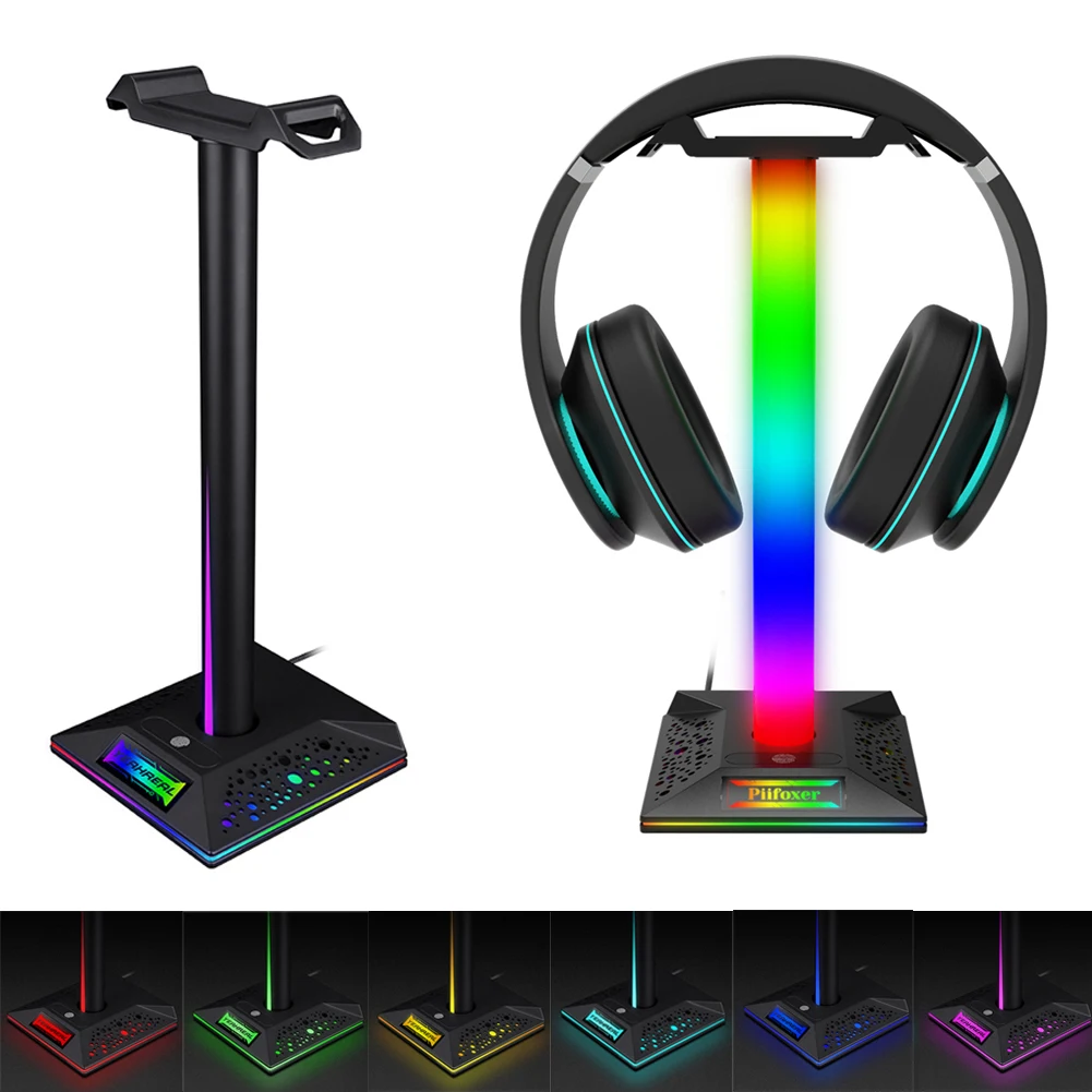 RGB Lights Headphone Stand with Dual USB Ports Headphone Holder for All Headsets Gamers Gaming PC Earphone Accessories Desk