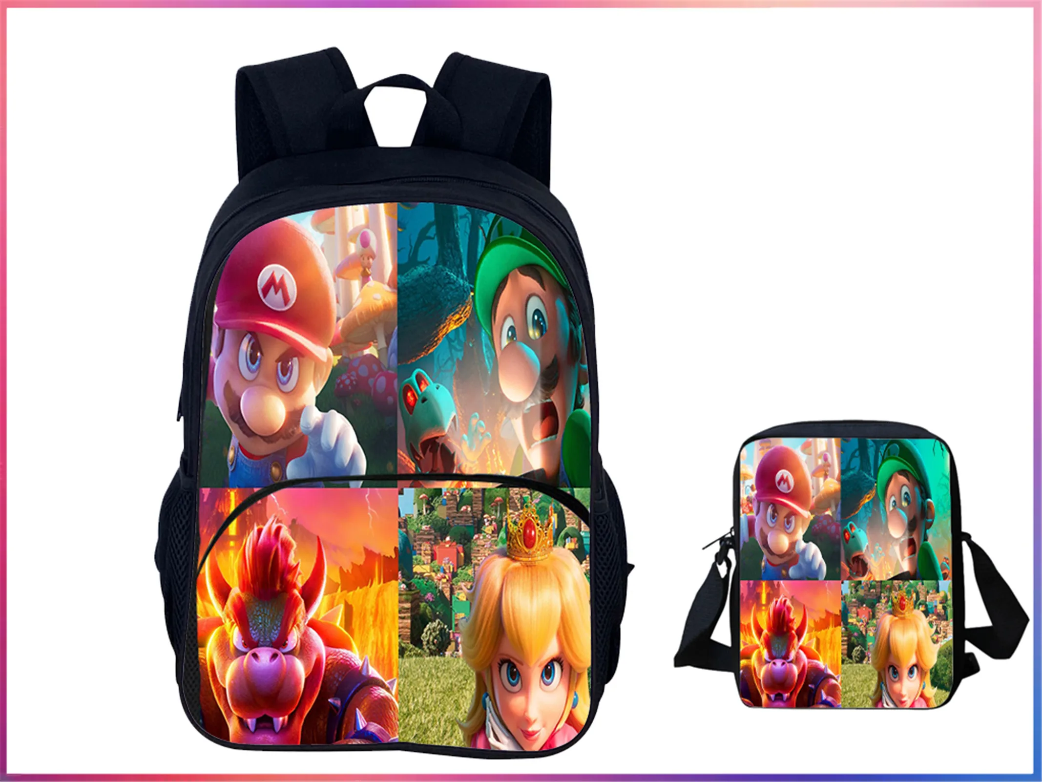 

Fashion Unisex Boy Girl Super Mario Large Backpack 2 in 1 Set-Back to School Daypack with Canvas Side Bag for Children