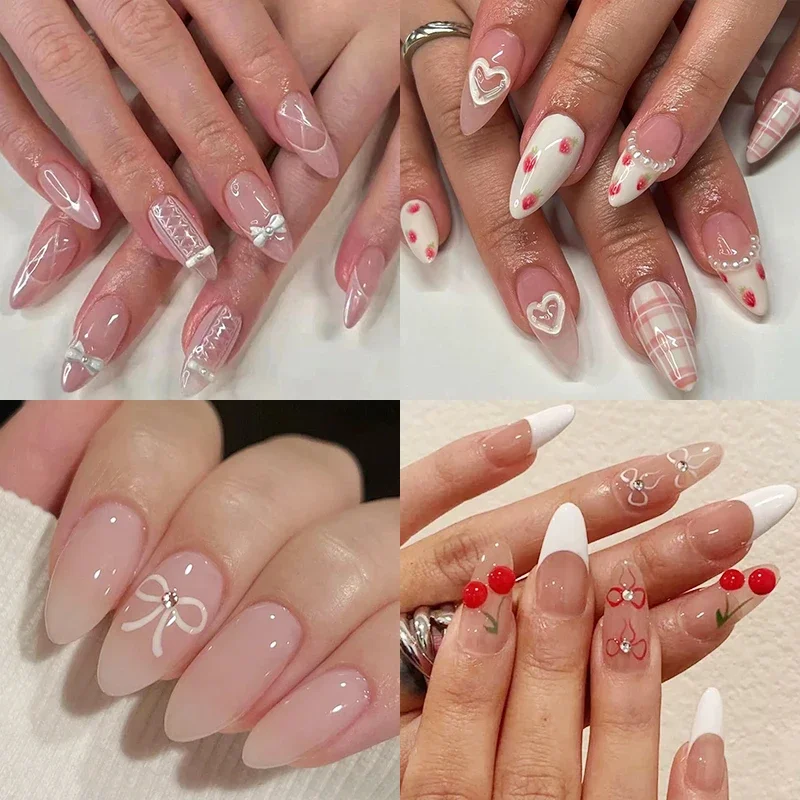 Korean Style Bowknot Ribbon Pearl Rhinestones Love Heart Press on Nails Almond Shape Pink False Nails Detachable Fake Art Nails