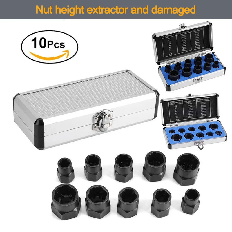 10 Pcs/ Set Broken Bolt Nut Extractor Hand Remover Kit Nut Hex Removal Tools Hardware Accessories For Car Repair 9-19 MM Caliber