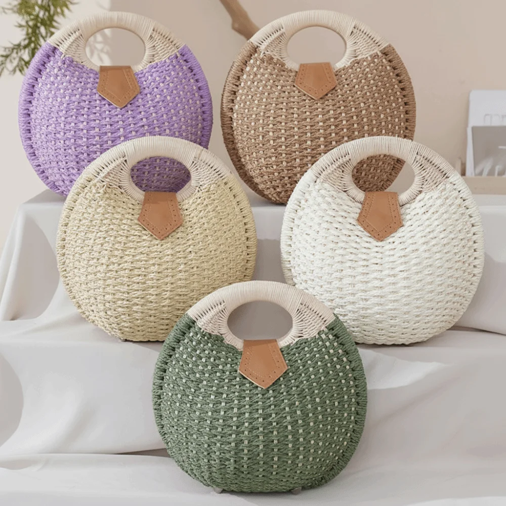 Elegant Versatile Rattan Shell Handbag Bohemia Style Round Shape Woven Tote Bag Handwoven Top-Handle Straw Handbag Beach Outing