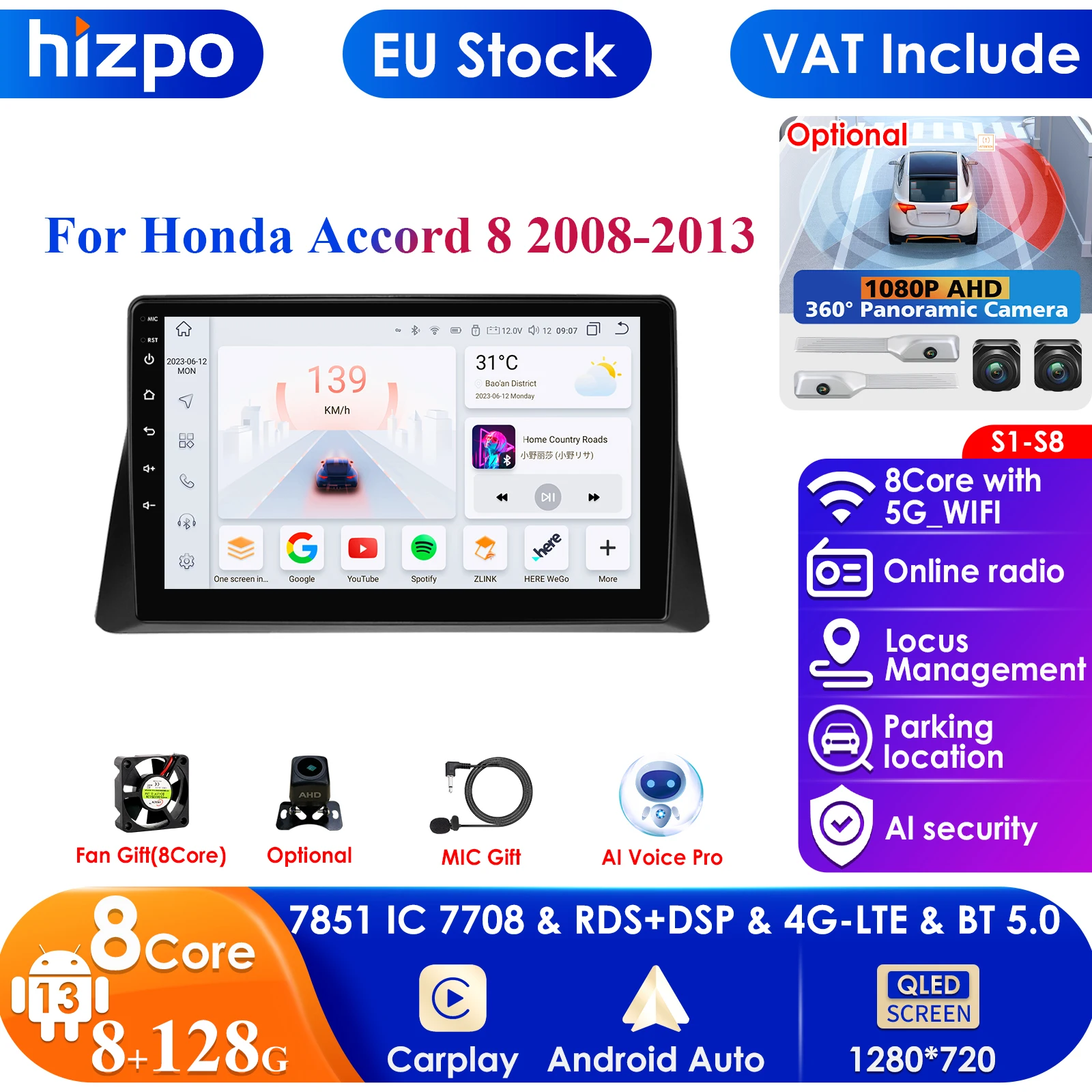 Hizpo Carplay Autoradio für Honda Accord 8 2008–2013 Multimedia-Player GPS-Navigation Auto Stereo