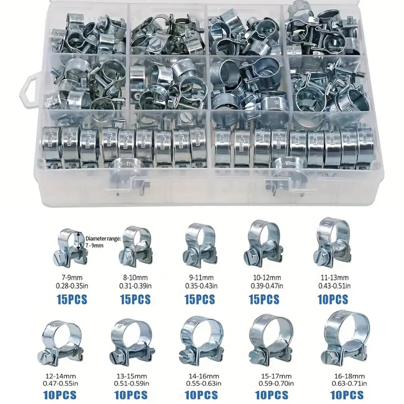 

120pcs 7-18mm Mini Clamp Fuel Injection Hose Air Hose Clamps Assortment Kit Diesel Petrol Metal Pipe Clips Assorted Kit