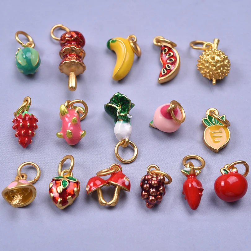 10/16pcs Fashion 3D Simulate Fruit Vegetables Pendant Alloy Peach Pitaya Mushroom Cabbage Lovable Cartoon Charms Diy Connector