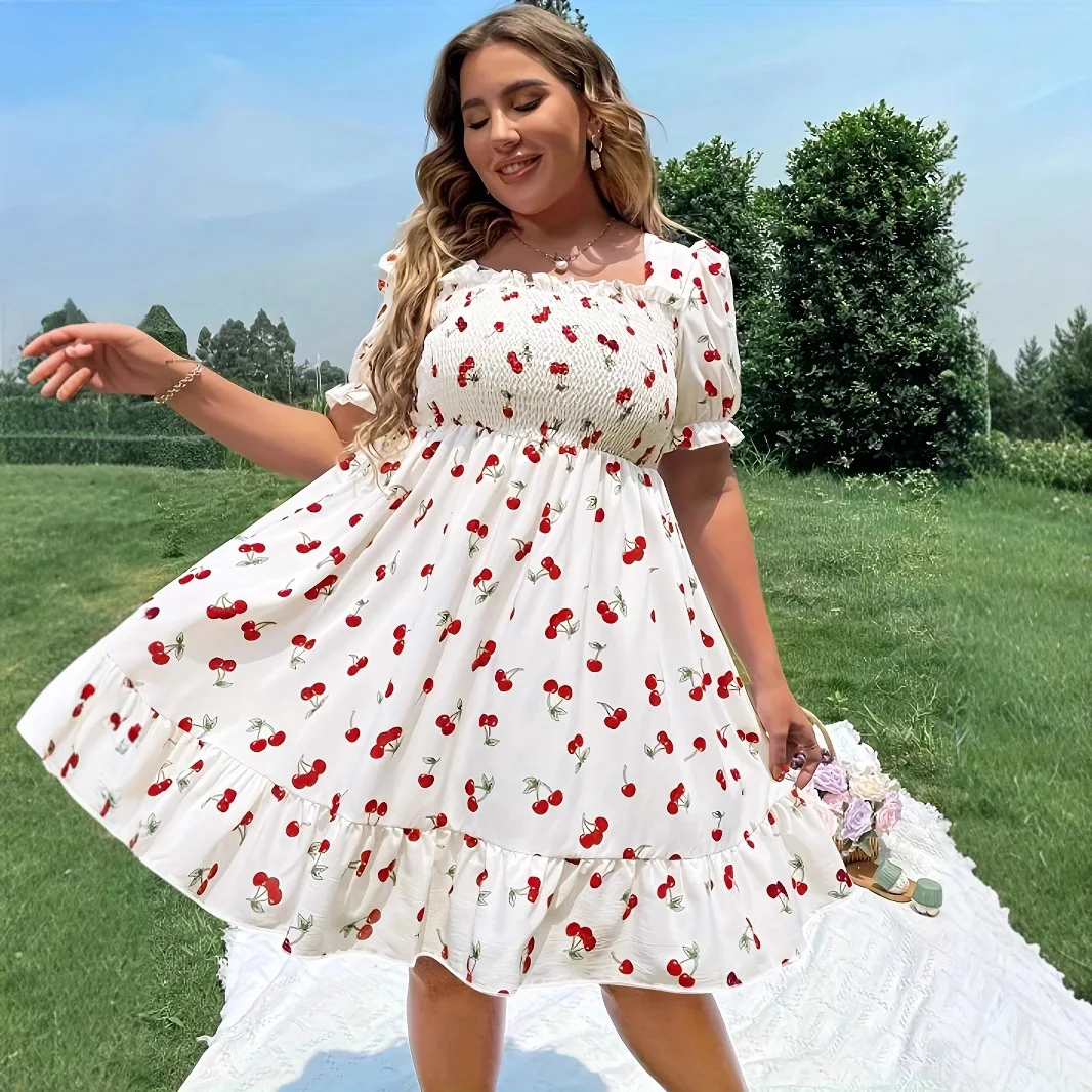 2025 Summer Women's Plus Size Dresses Fashion Cherry Print Short Sleeve Midi Dress Summer Casual A-line Dress - Image 5