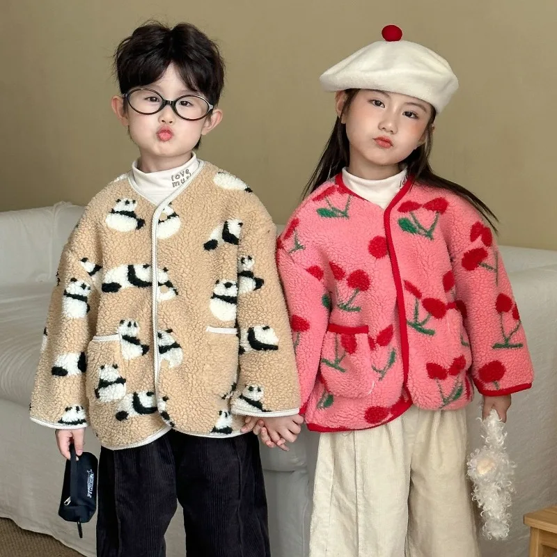 

New Winter Kids Fleece Jacket 1-8T Trendy Style Girls Warm Plush Velvet Coat Loose Childrens Outerwear Cartoon Fruits Boys Tops