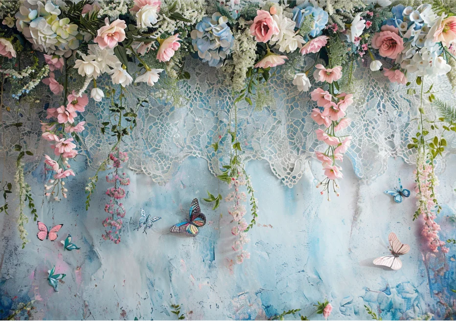 pastel blue wall with flower lace butterfly wedding portrait birthday party photo background photography backdrops banner studio