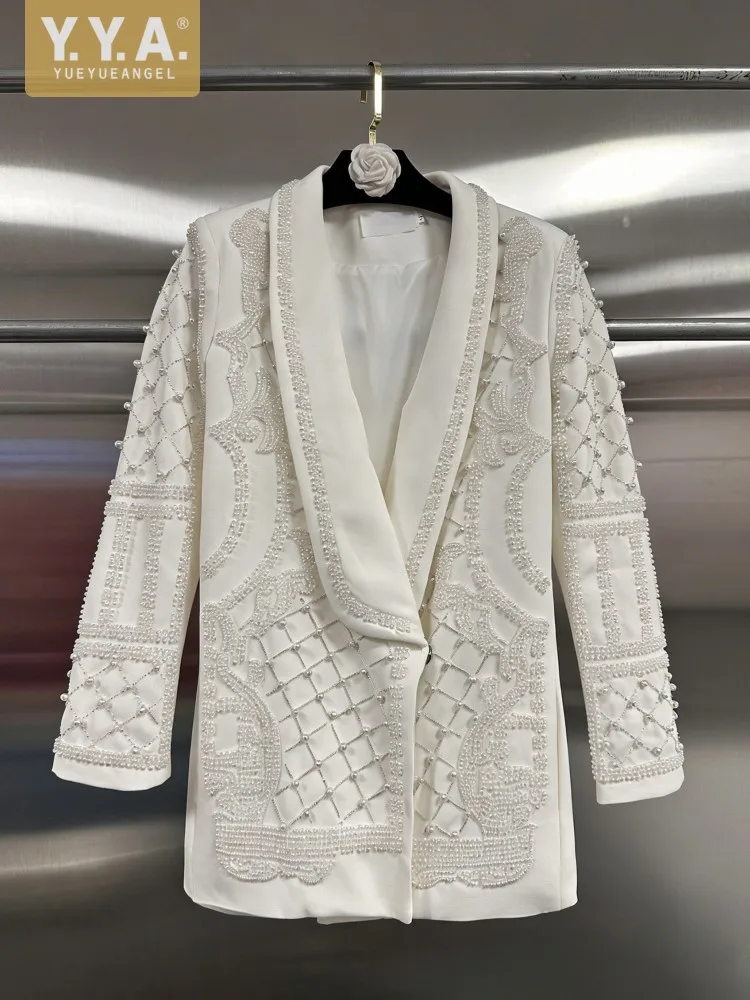 

Lady Elegant Versatile Mid Long Beading Beads Work Blazer Suit Jacket Loose Fit Single Button Outwear Coat Fashion Party Blazers