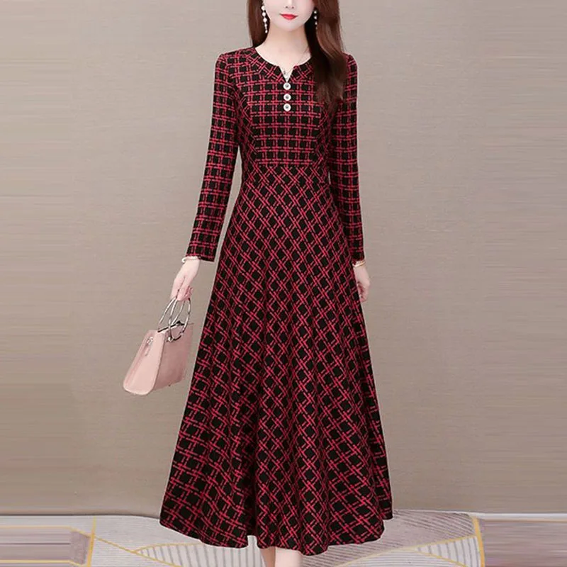 2023 Women New Spring and Autumn Fashion Plaid Covers Her Belly Temperament Slim Fit Knee Length Large Swing Dress