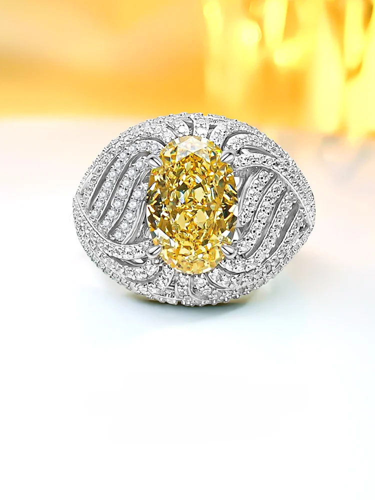 Light luxury precision 925 sterling silver yellow diamond egg shaped ring with high carbon diamond inlay, niche temperament