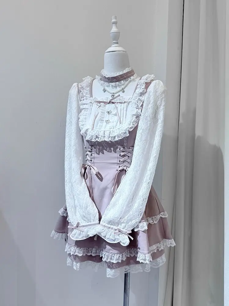 

Japanese Gothic Y2k Sweet Dress Set Women Lovely Lolita Style Lace Ruffles Bandage Slim Dress + Shorts Korean Kawaii Party Dress
