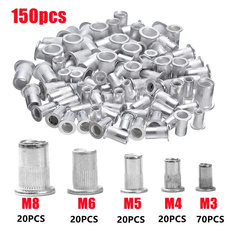 240/200/150PCS M3 M4 M5 M6 M8 M10 Mix Size Aluminum Flat Head Rivet Nut Insert Rivnut Nutsert Set Kit M3 M4 M5 M6 M8 M10