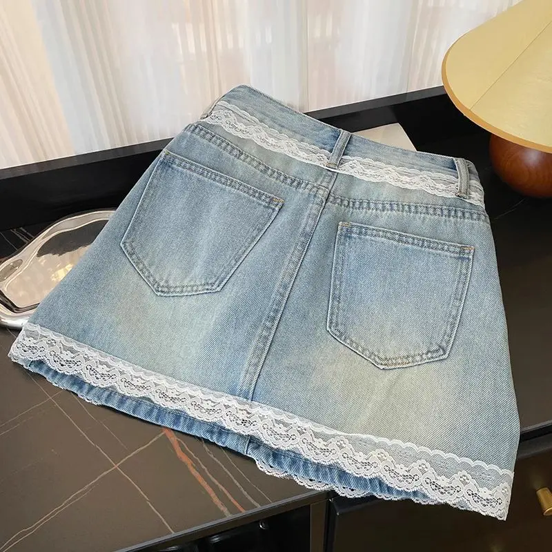 

Retro Lace Stitching High-waisted Denim Skirt for Women 2026 New Summer Versatile Short Skirt for Small People