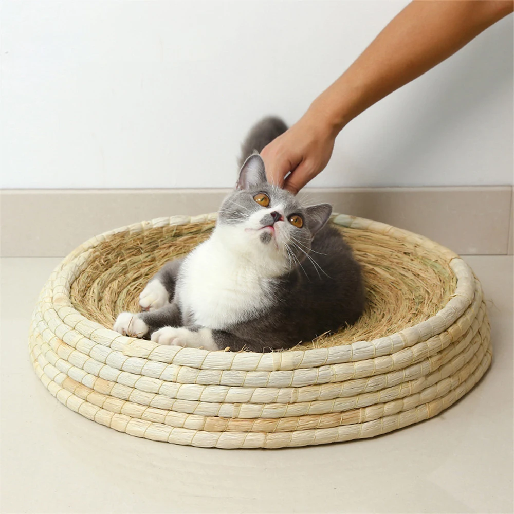 Hand-Woven Straw Cat Resting Nest Basket Bowl-Shaped Cats Scratching Board Pet Sleeping Bed Rabbits Small Dogs Puppy Kennel