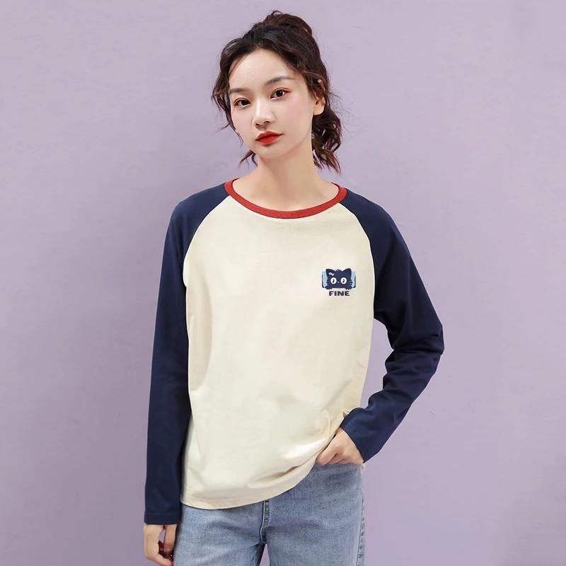 

New Women Spring Autumn Cotton T-shirt Fashion O-Neck Long Sleeve Patchwork Print Tees Simplicity Casual Basic Pullover T-shirt