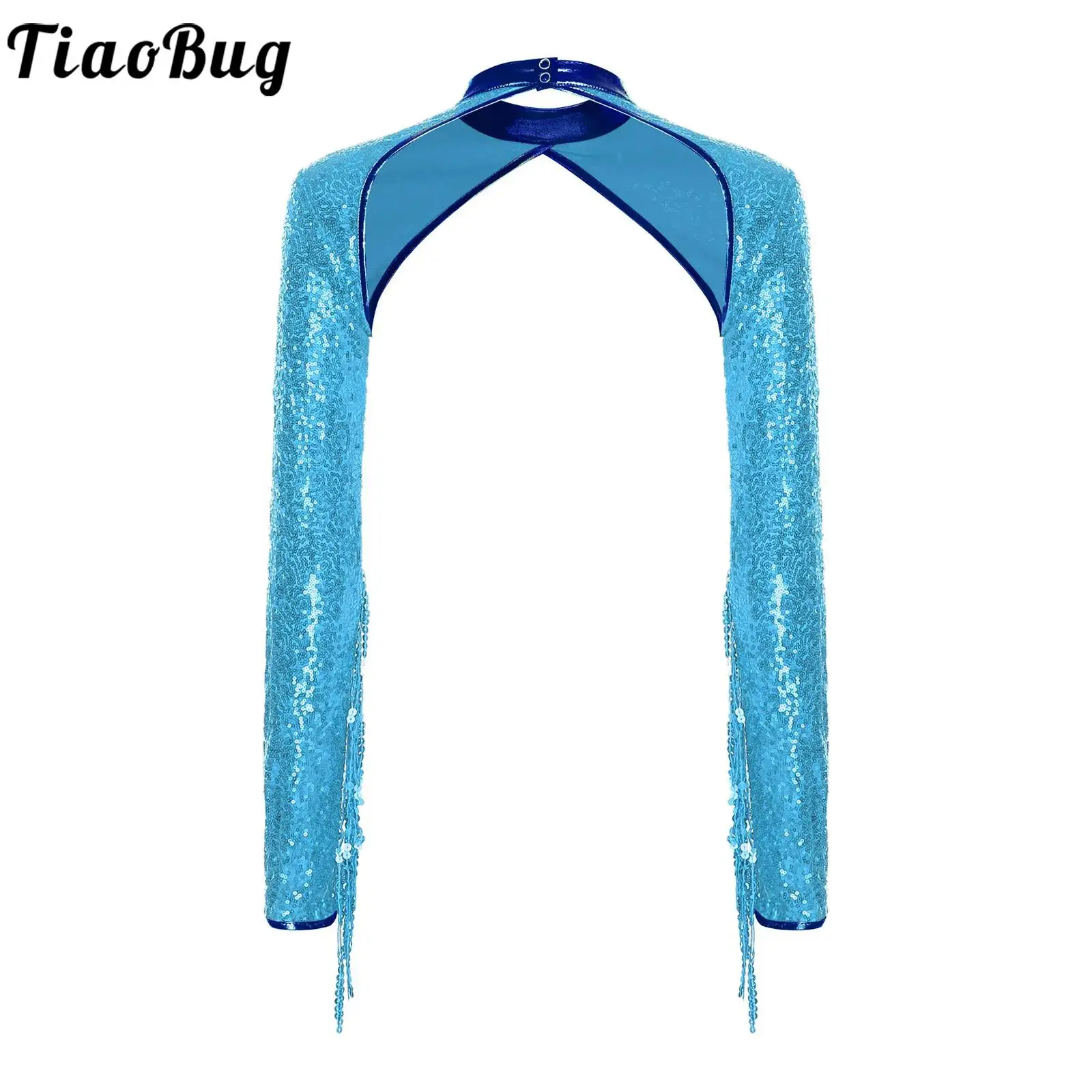 Women Sequins Shawls Bolero Party Stage Dance Performance Accessory Mini Coats Long Sleeve with Tassel Shrugs Shawls Cardigan