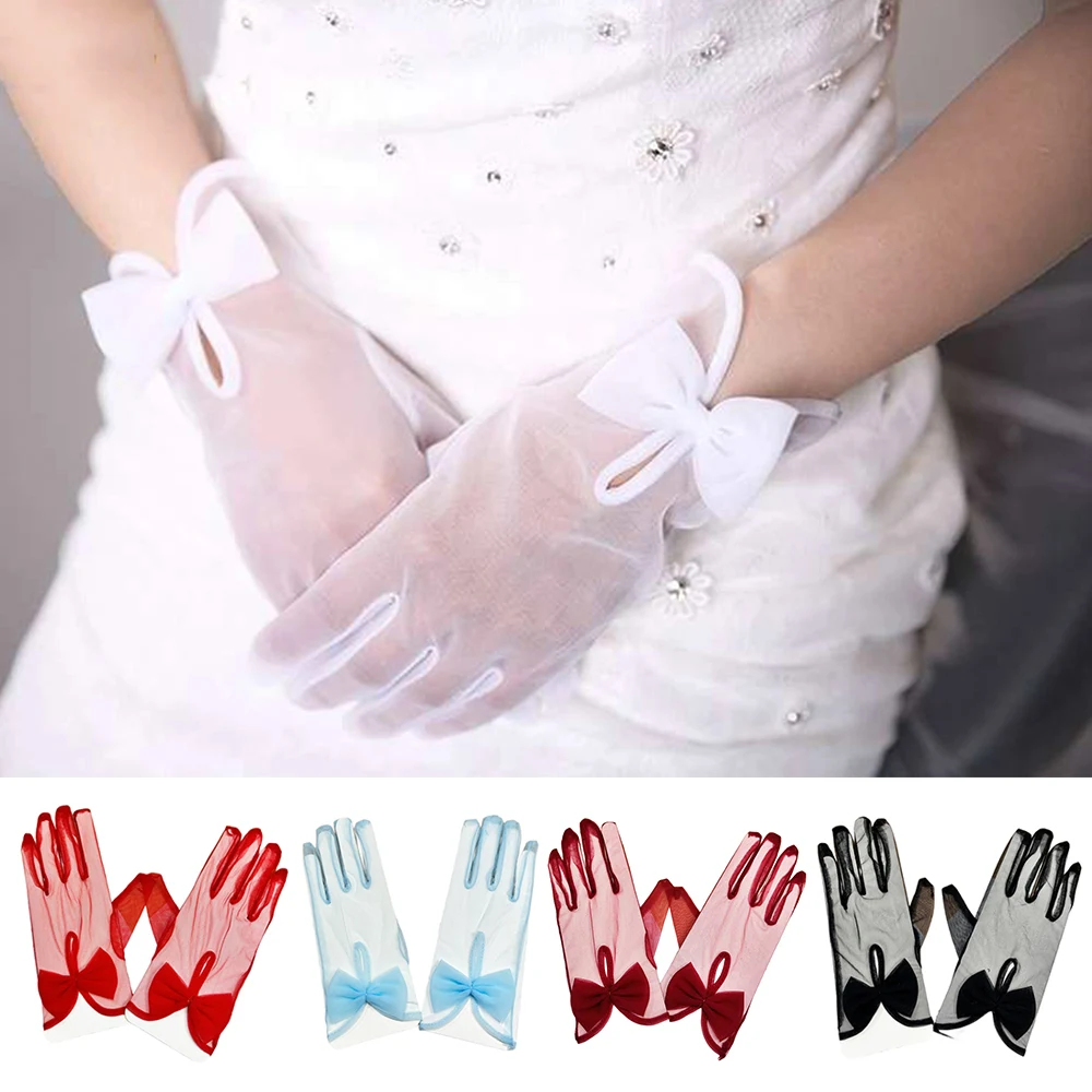 

Bride Wedding Bow Short Yarn White Gloves Female Anti Slip Elegant Solid Color Mittens Girls Transparent French Lace Mesh Gloves