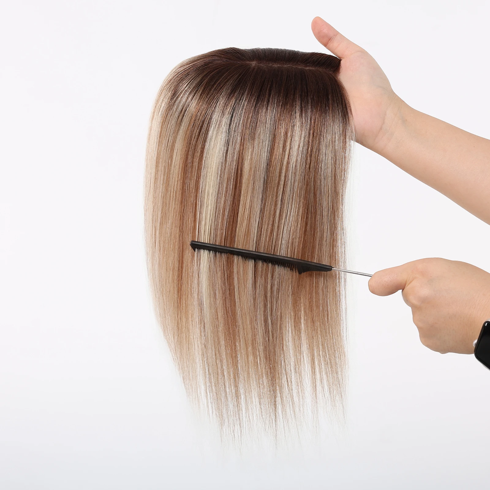 Topper Rambut Manusia Remy 100% 12 Inch, Warna Coklat Tua dengan Highlight Pirang Muda, 3 Jepitan, Solusi Rambut Rontok Wanita, Ekstensi Rambut Asli