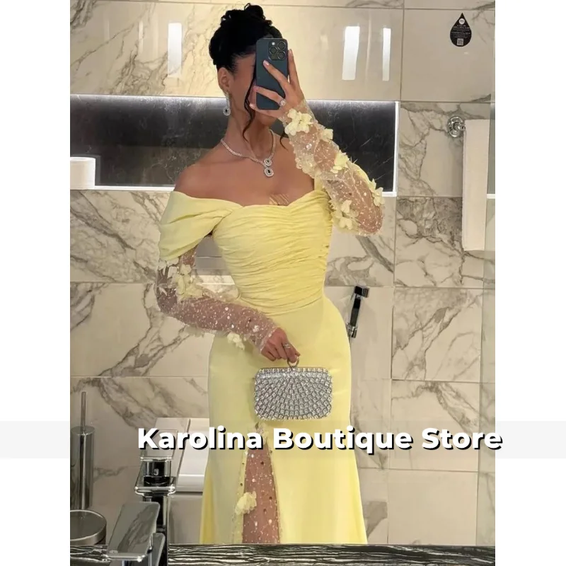 فستان سهرة عربي سعودي أصفر حورية البحر مخصص قبالة الكتف الديكور الزهور مطوي سويب تراين ثوب حفلة امرأة عربية