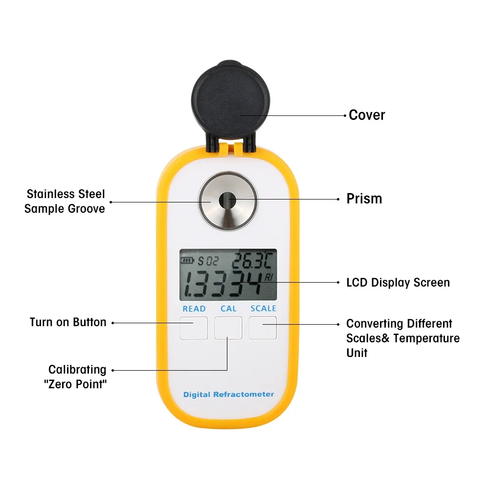 Digital Refractometer LCD Display 0.0~50.0% Brxi Sugar Meter Fruit Juice Refractometer DR101