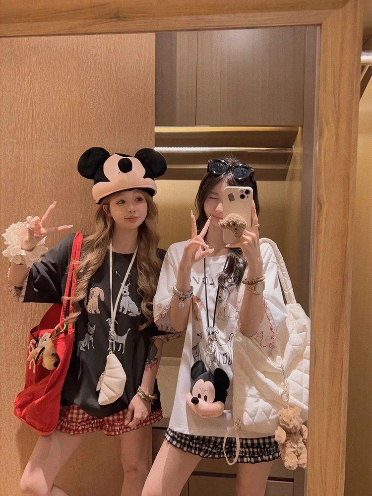 

Футболка Yukiss Love Little Dog 20 Loose ort Sve из хлопка, удобная, дышащая, с принтом, кружевными манжетами, креативная, для повседневной носки, Sle S...
