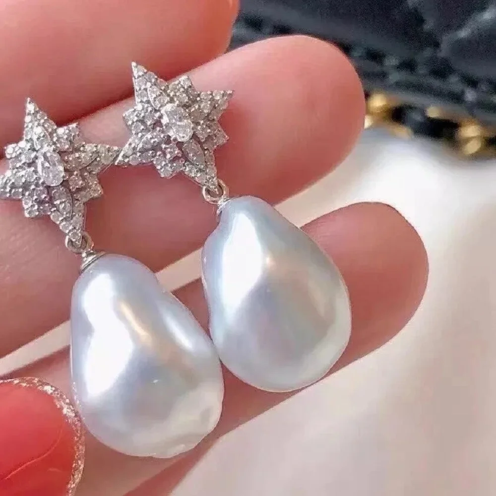 

New product earrings AAA13-18mm natural South Sea Baroque white pearl earrings 925s
