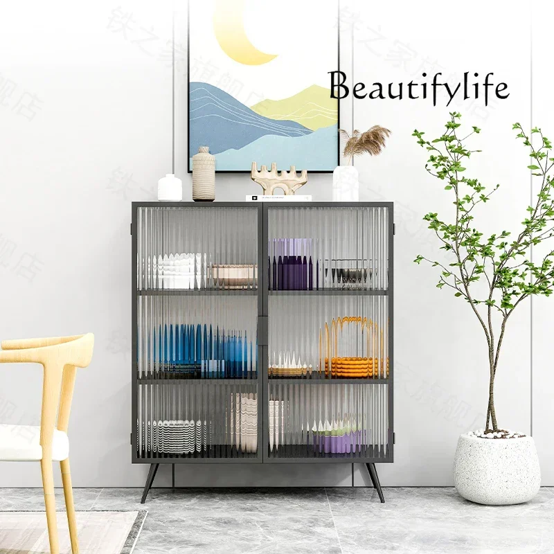 

Nordic Changhong glass side cabinet wrought iron light luxury locker living room storage cabinet living room against the wall