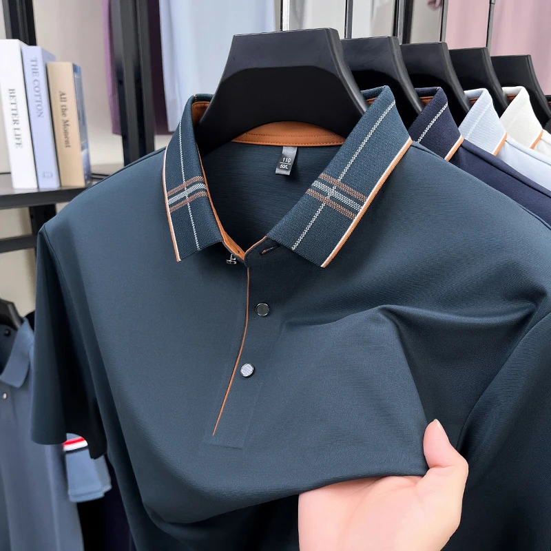 

2025 Mulberry Silk Summer Clothes Men's Short Sleeved T-shirt Middle-aged Lapel Ice Silk Polo Shirt High-end Top