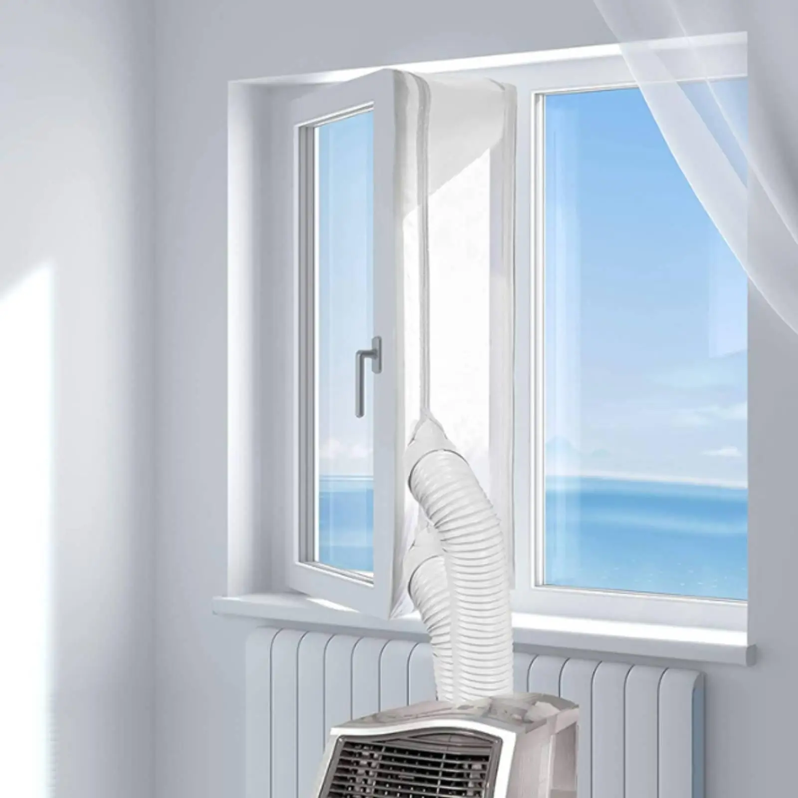 Picture 5: Portable Air Conditioner Window Barrier Easy to Install Window Sealing Cloth with Zipper No-Tool for Renters, Push-Style Window