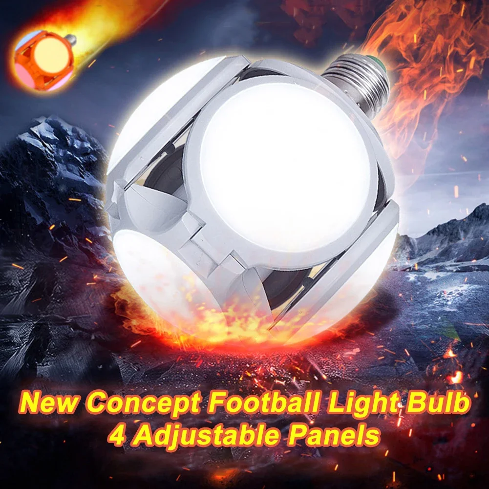 Adjustable 4 Panels 6500K Cold White E27 40W LED Garage Ceiling Light with Folding Football Design - Ideal for Warehouse and Bas