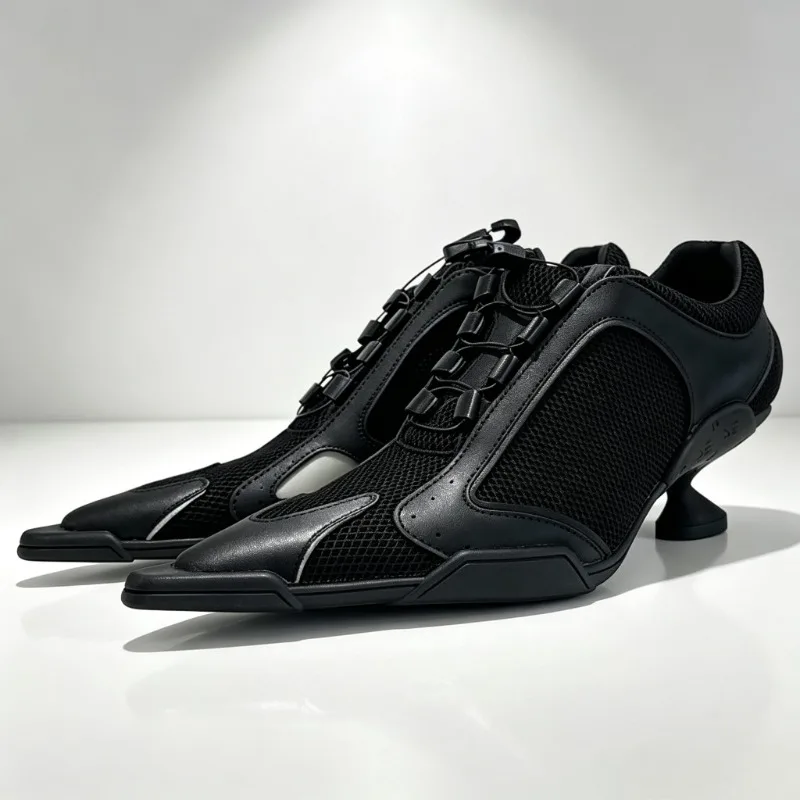 Unique Black Drawstring Elastic Laces Sports Heels for Women Street Style Pointed Toe Mesh Sneakers Fashion Designer Punk Shoes