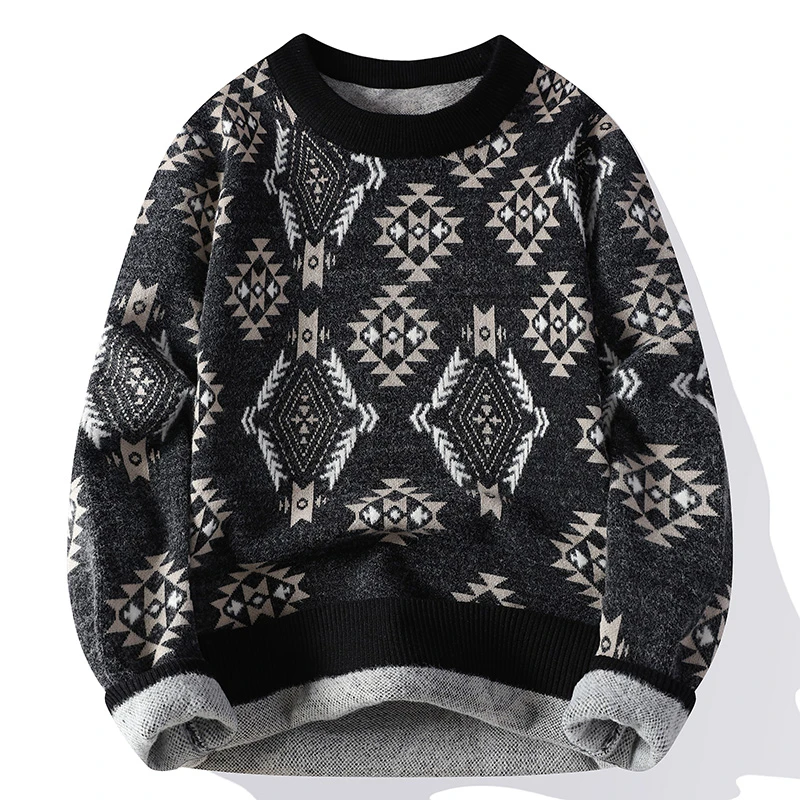 Graffiti Pattern Jacquard Men Fall Winter Loungewear Shirt Long Sleeve Round Neck Trendy  Pullover for Men