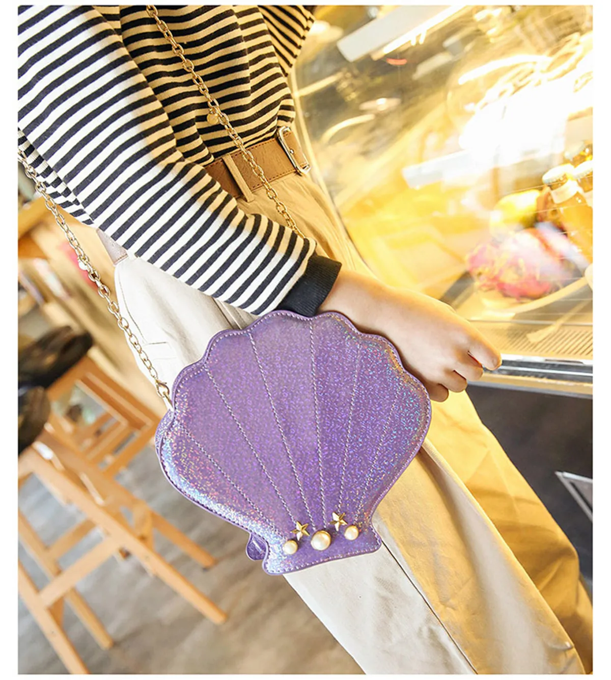 New Summer Lovely Laser Pearl Shell Bag Women Fashion PU Single Shoulder Oblique Crossbody Bag Ladies All Matching Bag BG059