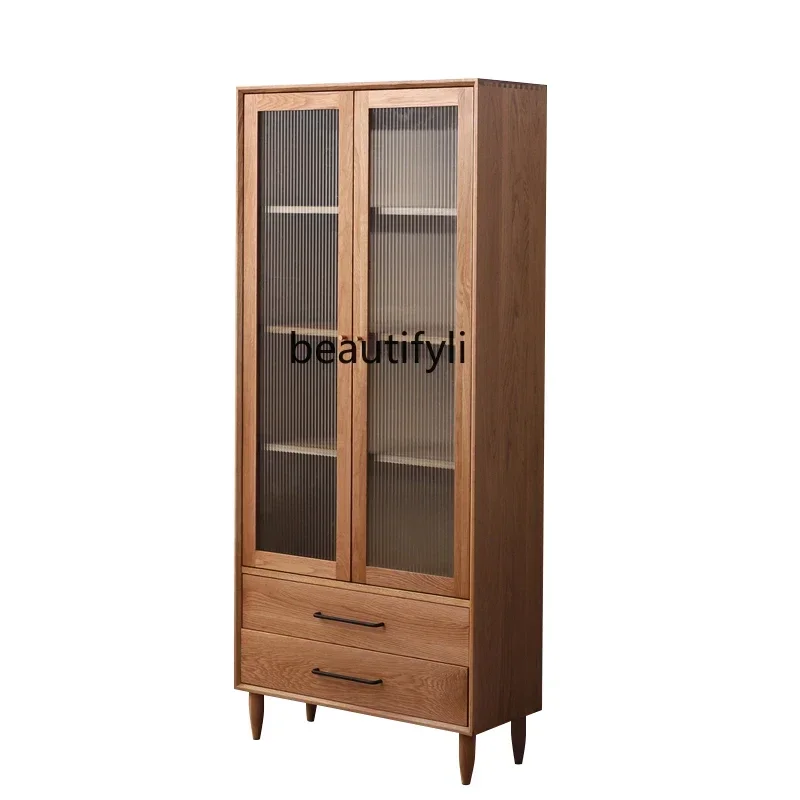

Solid Wood Bookcase Cherrywood White Oak Living Room Locker with Glass Study Double Door Bookcase