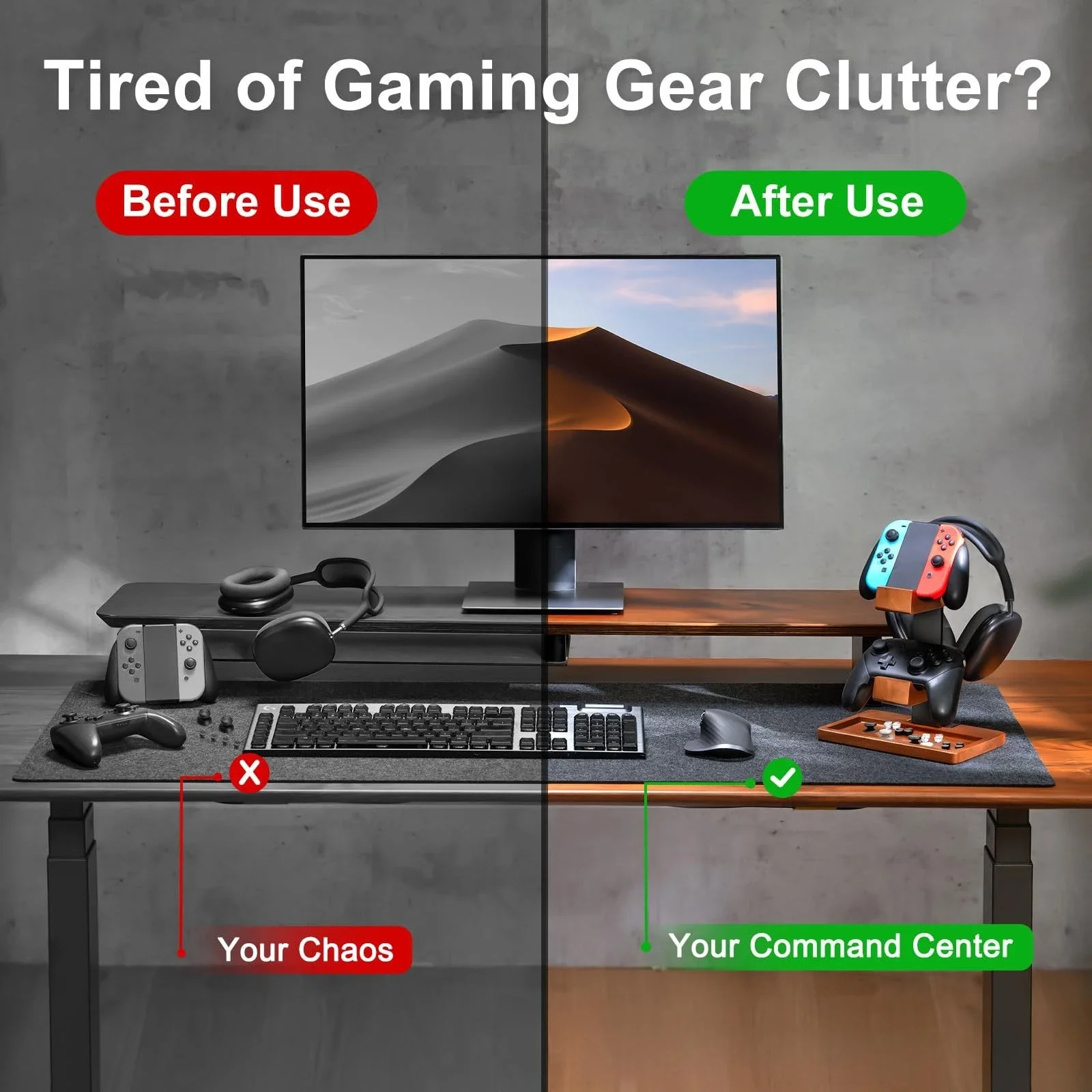 Iron & Wood Gaming Headset Stand, Desktop Headphone Holder, Solid Wood Gamer Headset & Controller Storage Rack
