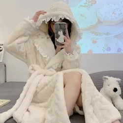 Winter Bathrobe Women Coral Velvet Thicken Warm Robes Home Clothes Thermal Nightwear Sweet Lace Hooded Robe Sleepwear Pajamas