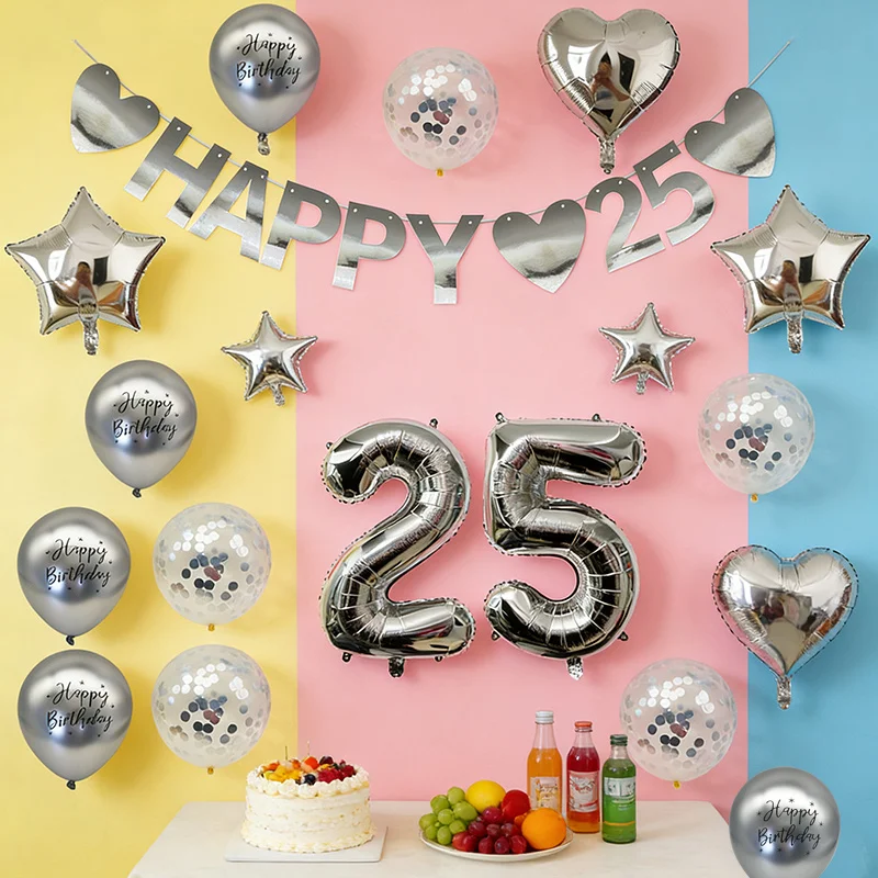 

1Bag Silver 25th Birthday Balloon Set Happy Birthday Banner Number 25 Foil Confetti Balloons for 25 Years Old Party Decorations