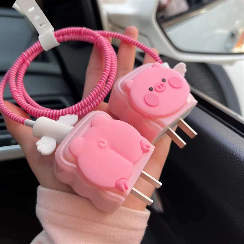 Cartoon Cute Pink Pig Silicone Charger Case For IPhone 15 14 13 18W-20W Fast Charge Protection Cover Charger Sleeve Accessories