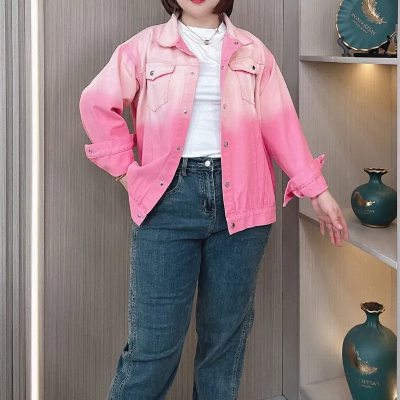 American Style Pink Denim Coat Women Spring And Autumn New Plus Size Wear Gradient Color Loose Casual Jacket