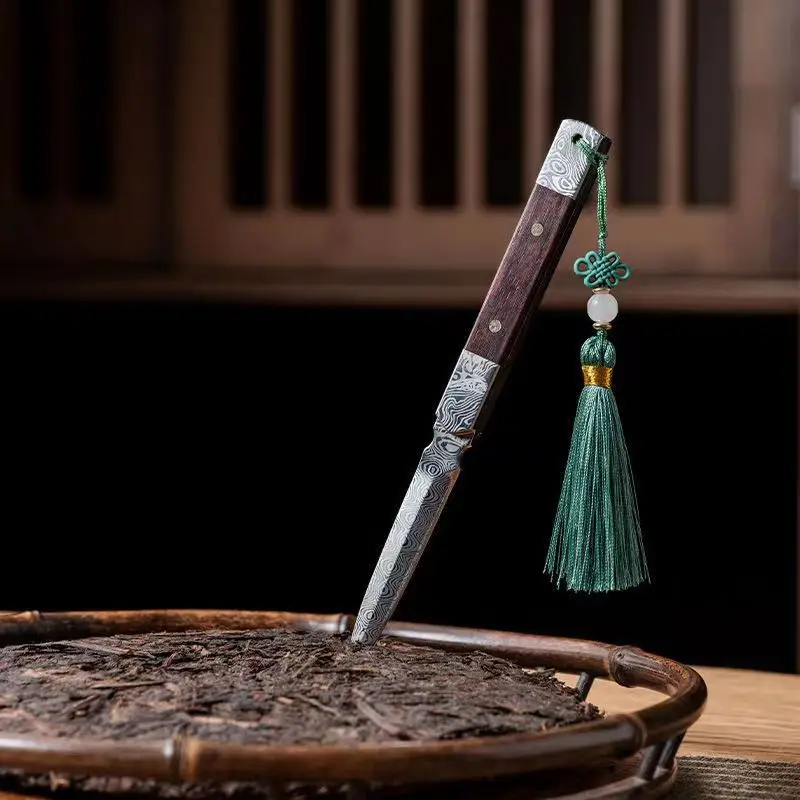 Zen Tea Knife Handmade Tea Needle Black Sandalwood Damascus Pattern Steel Puer Tea Knife Tea Set Accessories